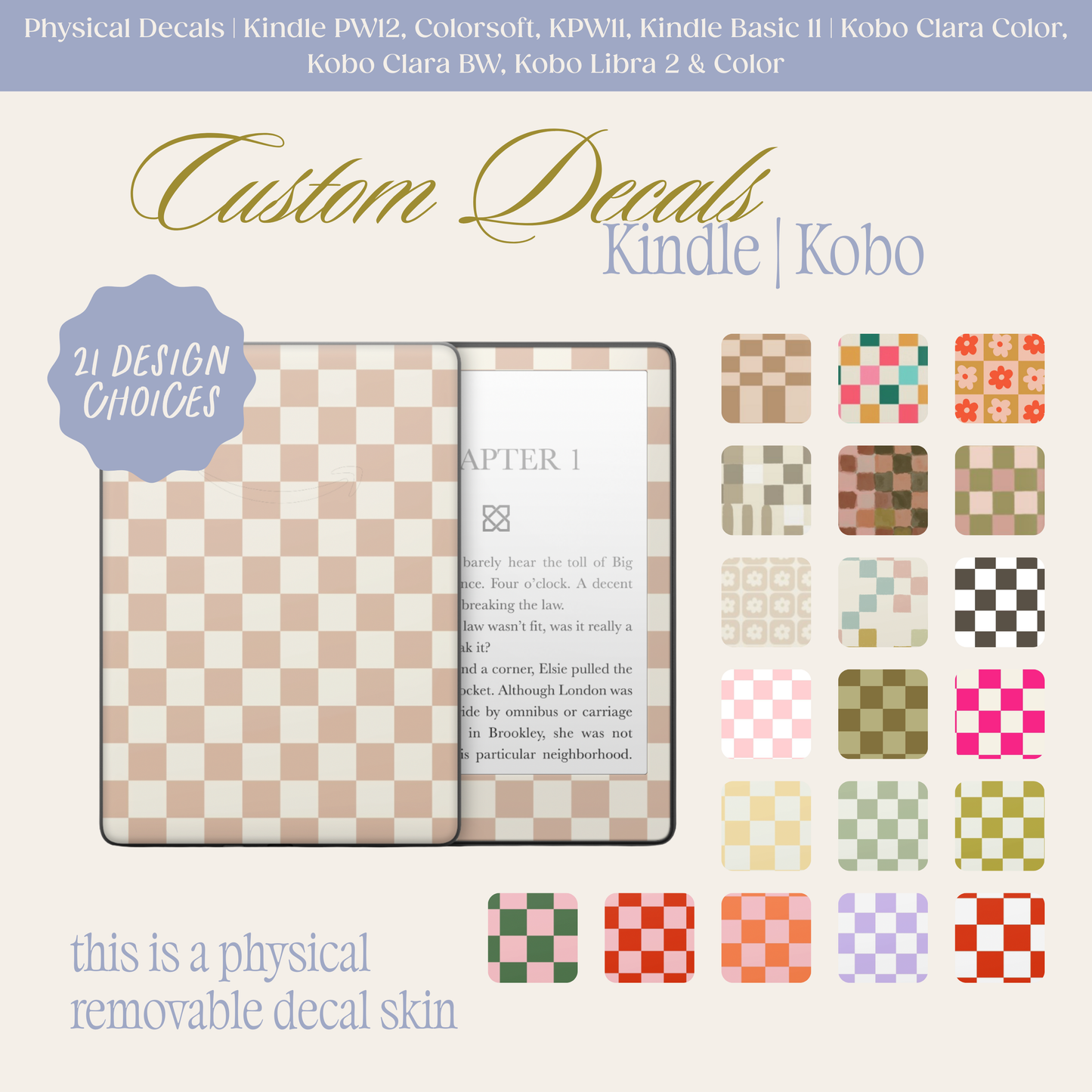 Physical Kindle & Kobo Decals | Checkered Designs