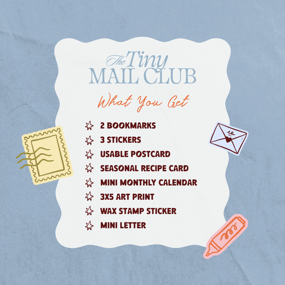 A flat lay style product graphic on a light blue textured background showing a white scalloped card with the text 'The Tiny Mail Club' and a list of included items: 2 bookmarks, 3 stickers, usable postcard, seasonal recipe card, mini monthly calendar, 3x5 art print, wax stamp sticker, and mini letter. Decorative postage stamp, envelope, and crayon illustrations appear around the card.